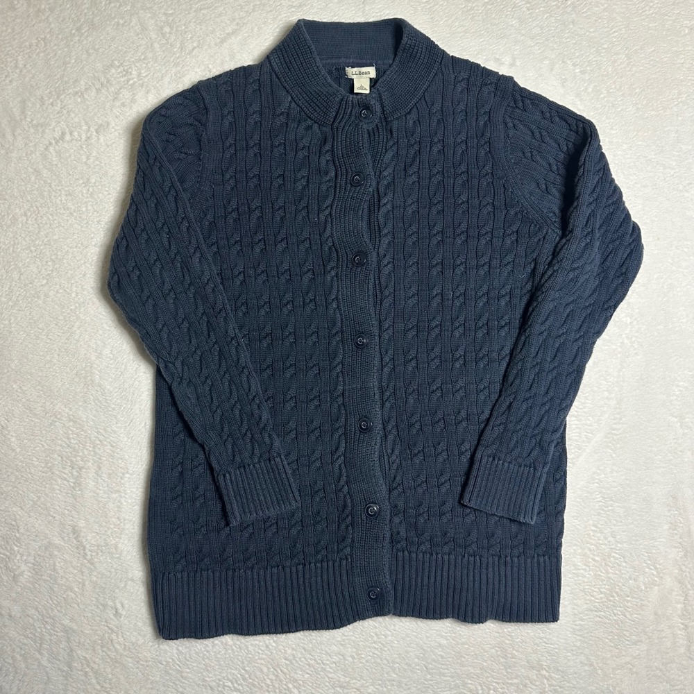 LL Bean Mens L Navy Blue Cable Knit Button Cardigan Sweater Fisherman Style
